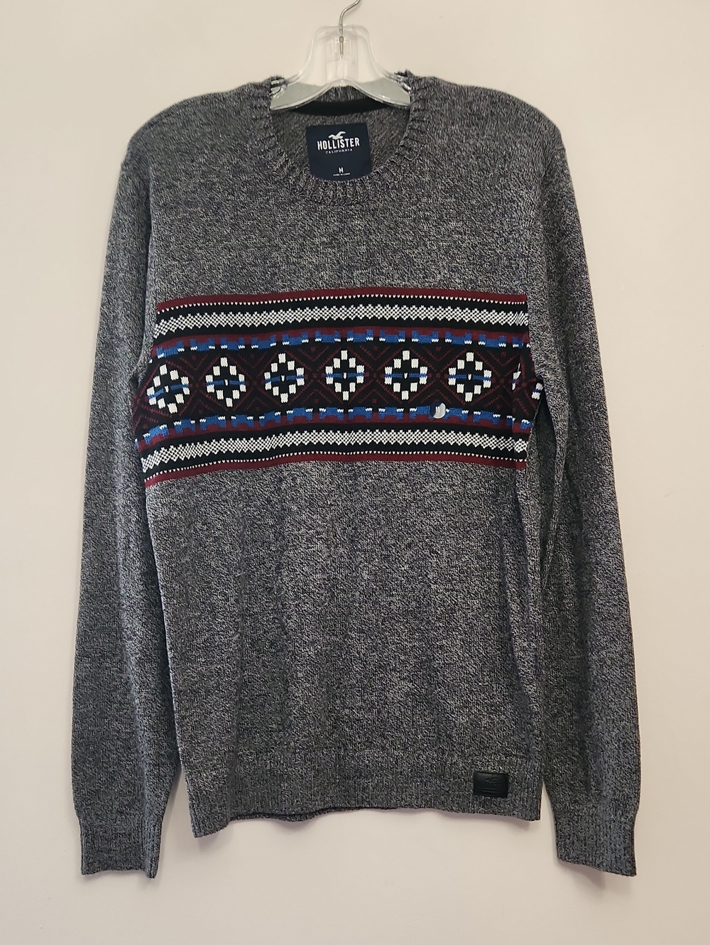 Hollister Men's Gray Crewneck Cotton Blend Sweater - Gray/Red/Blue Size M